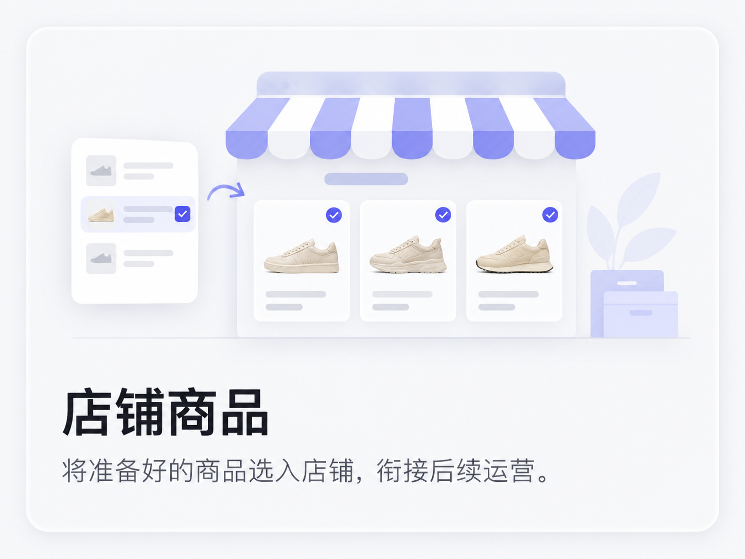 店铺商品:将准备好的商品选入店铺,衔接后续运营。(功能示意图)